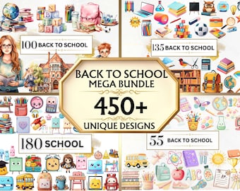 Watercolor School Clipart Back to School Printables School PNG Bundle Kawaii School Clipart School Supplies Classroom Decor Sublimation PNG