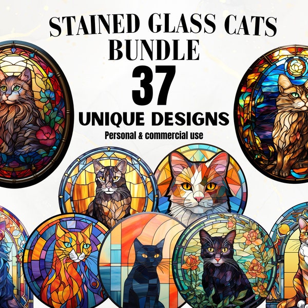 Stained Glass Cats Bundle - Stained Glass Design Clipart, Digital, Glass Patterns, Decor, Wall Art, DIY, Printable, Cats PNG, Commercial Use