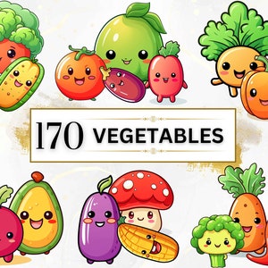 Bundle de cliparts kawaii - 170 mignon kawaii PNG Clipart ensemble, clipart nourriture Kawaii, clipart légume kawaii, légume mignon PNG, décoration de chambre d'enfant