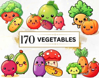 Kawaii Clipart Bundle - 170 Cute Kawaii PNG Clipart Set, Kawaii Food Clipart, Kawaii Vegetable Clipart, Cute vegetable PNG, Nursery Decor