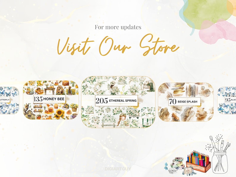 May include: A collection of digital paper packs featuring various watercolor designs. The packs include "Honey Bee", "Ethereal Spring", "Beige Splash", and "Butterfly". Each pack includes a number of digital papers, such as 135 for "Honey Bee" and 70 for "Beige Splash".