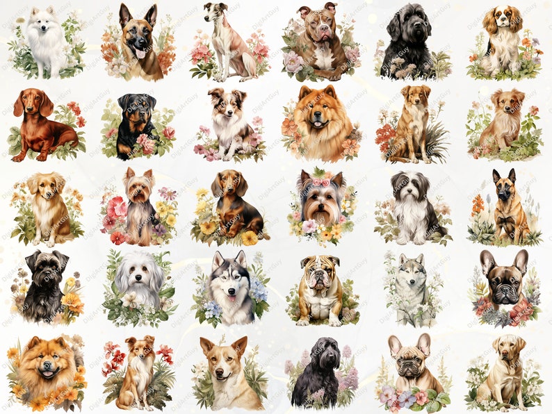 Dog Clipart Watercolor Dogs PNG Dog Breeds PNG Floral Dog Clipart Cute ...