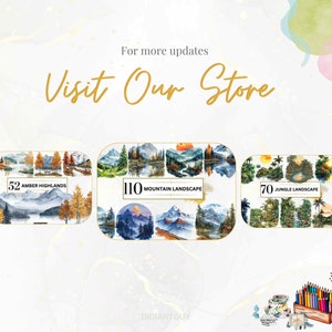 This promotion for the store showcases different landscape collections, from amber highlands to jungle and mountain scenes. Each collection features high-quality watercolor illustrations, perfect for crafting, digital designs, and home decor.