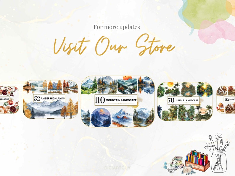 This promotion for the store showcases different landscape collections, from amber highlands to jungle and mountain scenes. Each collection features high-quality watercolor illustrations, perfect for crafting, digital designs, and home decor.