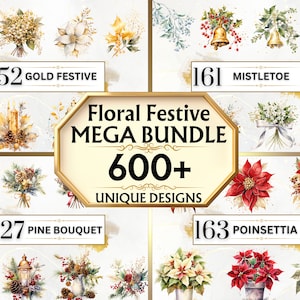 Pacote de clipart floral - 600+ clipart de flores em aquarela PNG, clipart de flores de inverno PNG, clipart de flores festivas, clipart de buquê floral, poinsétia PNG