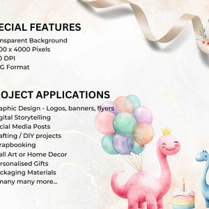 May include: Watercolor illustration featuring a pink dinosaur with a crown, holding balloons. The image includes text about project applications such as graphic design, social media posts, and personalized gifts. A baby dinosaur is hatching from an egg.