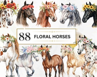 Clipart de caballo floral, caballo de acuarela PNG, animal de granja PNG, clipart occidental, caballos de granja PNG, clipart de animales florales, diseños de sublimación de caballos