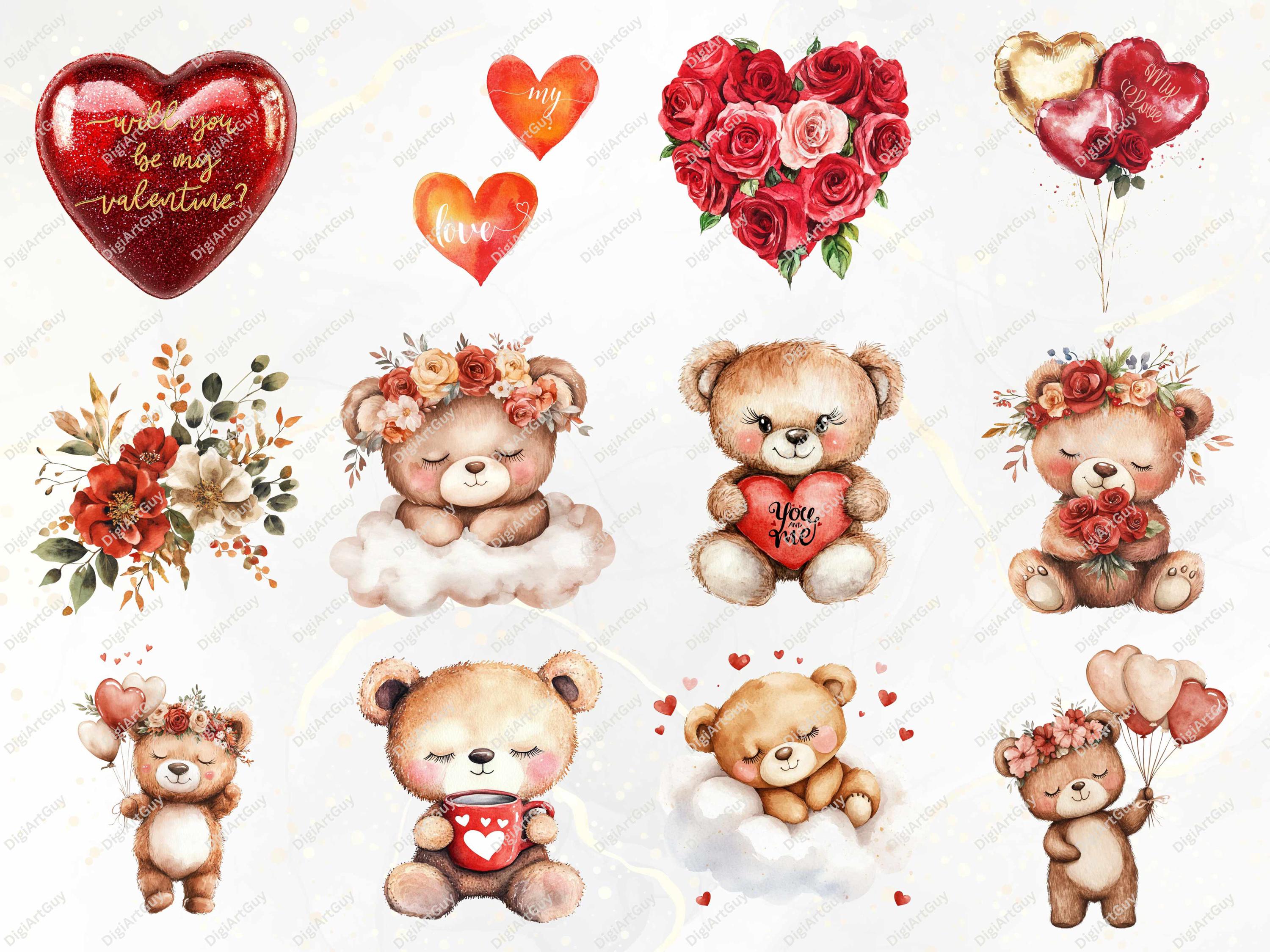 Valentines Teddy Clipart Watercolor Teddy Bear PNG Valentine's Day ...