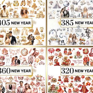 May include: A collection of watercolor illustrations featuring New Year's themes. The illustrations include couples, animals, food, and decorations. The illustrations are arranged in four sections, each with a different color scheme and a number indicating the number of illustrations in that section. The numbers are 405, 385, 360, and 320. The text "New Year" appears in each section.