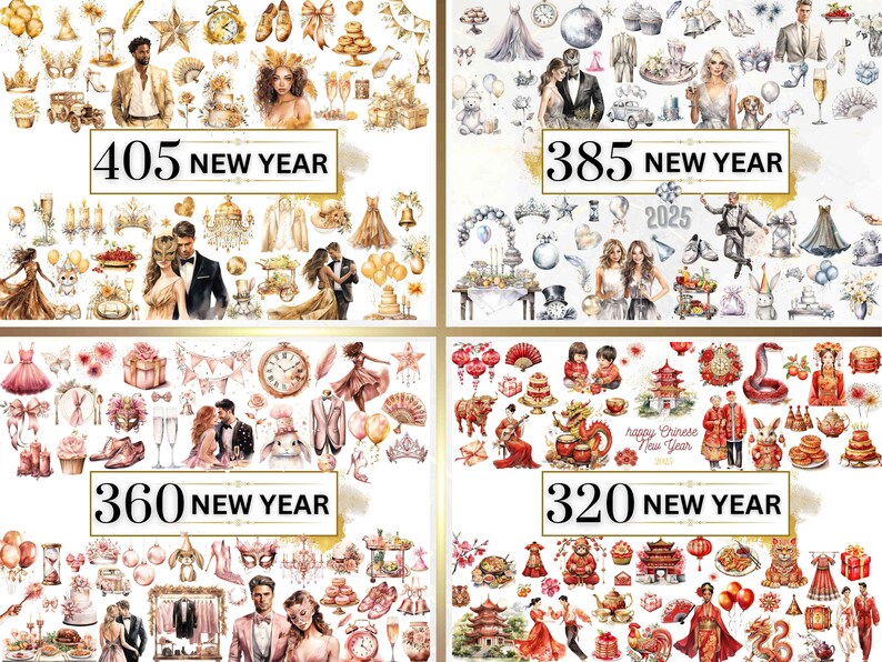 May include: A collection of watercolor illustrations featuring New Year's themes. The illustrations include couples, animals, food, and decorations. The illustrations are arranged in four sections, each with a different color scheme and a number indicating the number of illustrations in that section. The numbers are 405, 385, 360, and 320. The text "New Year" appears in each section.
