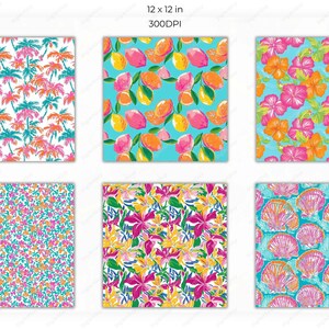 Six colorful designs featuring tropical fruit illustrations, citrus slices with hibiscus florals, pink palm trees, soft wave textures, and scattered leaves in a bold island-inspired palette.