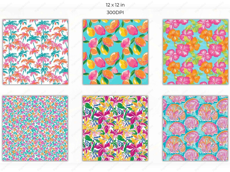 Six colorful designs featuring tropical fruit illustrations, citrus slices with hibiscus florals, pink palm trees, soft wave textures, and scattered leaves in a bold island-inspired palette.
