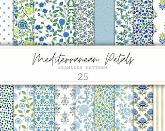 Mittelmeer Florale Musterdesigns Blau Digitaldrucke Sommer Digitales Papier Blaue Hintergründe Blumen Muster Junk Journal Papier