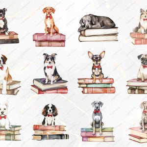 A collection of twelve different dog illustrations, each dog sitting on vintage-style books. Breeds include Labrador Retriever, Chihuahua, Pug, Shetland Sheepdog, and Boxer, all wearing red bow ties.