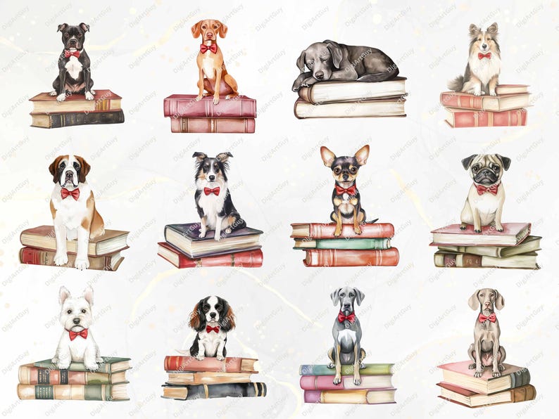 A collection of twelve different dog illustrations, each dog sitting on vintage-style books. Breeds include Labrador Retriever, Chihuahua, Pug, Shetland Sheepdog, and Boxer, all wearing red bow ties.
