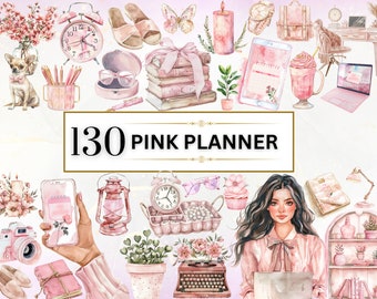 Planner Clipart Watercolor Pink Journal Clipart Planner Stickers Planner Girl PNG Pink Planner Lover Clipart | Commercial Use Transparent