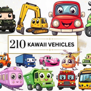 Imágenes prediseñadas de vehículos kawaii, lindo paquete de imágenes prediseñadas kawaii, imágenes prediseñadas PNG kawaii, lindos cliparts de transporte, pegatinas kawaii, lindos cliparts de construcción PNG, auto PNG, avión