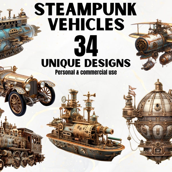 Steampunk Vehicles Clipart Bundle - Watercolor Steampunk PNGs, Victorian Clipart, Fantasy Art, Commercial Use, Decor, DIY, Printable