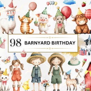 Aniversário de animal de fazenda Clipart Fazenda PNG Aquarela Clipart de aniversário de curral Clipart ocidental Festa de fazenda fofa Animal PNG Chá de bebê de fazenda PNG