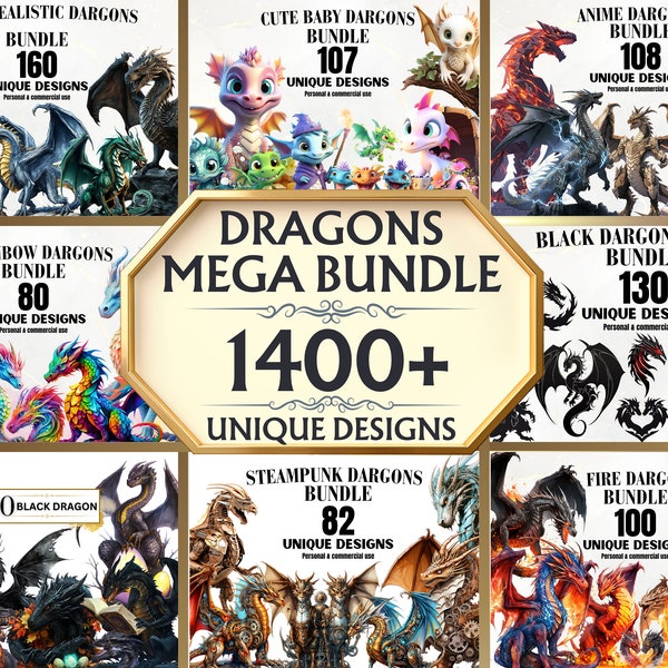 Dragon PNG Mega Bundle - 1400+ Dragon PNGs, Dragon Clipart, Fantasy Clipart, Magical Creatures, Watercolor, Digital Download, Fantasy Dragon