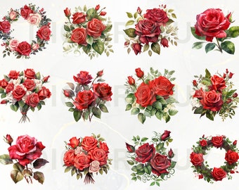 Aquarel rode rozen clipart, aquarel Rose, aquarel bloemen clipart, rozen en bladeren PNG, commercieel gebruik, transparante achtergrond