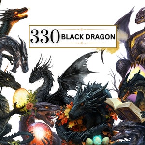 Dragon PNG Bundle - 330 Black Dragons PNGs, Dragon Clipart, Fantasy Dragon PNG, Fantasy Clipart, Magical Creatures, Gothic Dragon Watercolor
