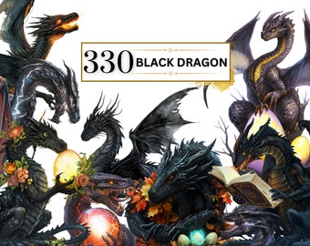 May include: A group of nine black dragons with different poses and expressions. Some dragons are holding eggs, a book, and a glowing orb. The text "330 BLACK DRAGON" is displayed in a gold banner.