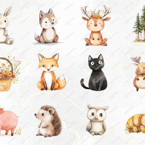 A set of charming woodland animals, including a bunny, deer, owl, moose, bat, bear, and caterpillar, displayed with transparent backgrounds. Great for crafting, digital storytelling, and creating whimsical nature-themed designs.