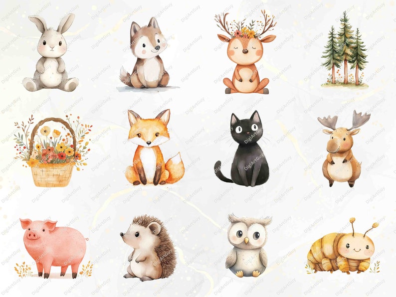 A set of charming woodland animals, including a bunny, deer, owl, moose, bat, bear, and caterpillar, displayed with transparent backgrounds. Great for crafting, digital storytelling, and creating whimsical nature-themed designs.