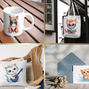 May include: A set of four different products featuring cute cartoon cats. The products include a white mug with a cat wearing a flower crown, a white tote bag with a cat wearing glasses and reading a book, a white pillow with a cat playing a blue guitar, and a card with a cat in a bathtub.