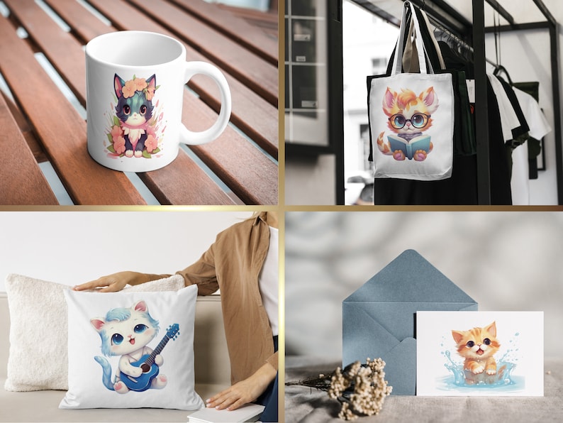 May include: A set of four different products featuring cute cartoon cats. The products include a white mug with a cat wearing a flower crown, a white tote bag with a cat wearing glasses and reading a book, a white pillow with a cat playing a blue guitar, and a card with a cat in a bathtub.