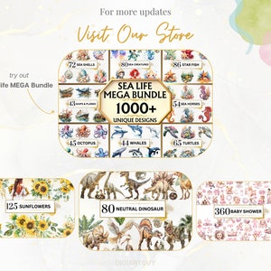 May include: A digital illustration of a collection of 1,000+ unique watercolor designs. The designs include sea life, dinosaurs, sunflowers, and baby shower themes. The text "Sea Life Mega Bundle 1000+ Unique Designs" is displayed in the center of the image.