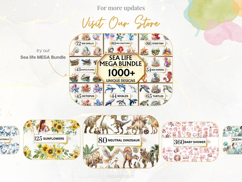 May include: A digital illustration of a collection of 1,000+ unique watercolor designs. The designs include sea life, dinosaurs, sunflowers, and baby shower themes. The text "Sea Life Mega Bundle 1000+ Unique Designs" is displayed in the center of the image.
