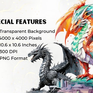 May include: Digital art print featuring two dragons, one red and green, the other black and silver, against a white background. The print is 10.6 inches by 10.6 inches and has a resolution of 300 DPI. The print is in PNG format and has a transparent background.