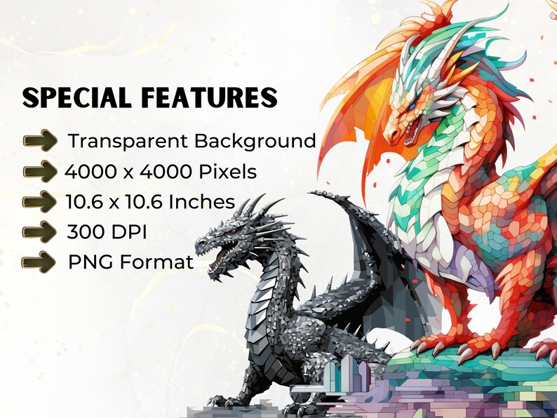 May include: Digital art print featuring two dragons, one red and green, the other black and silver, against a white background. The print is 10.6 inches by 10.6 inches and has a resolution of 300 DPI. The print is in PNG format and has a transparent background.
