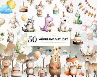 Clipart de cumpleaños de animales del bosque, acuarela, lindos animales del bosque PNG, animales de fiesta del bosque bohemio, lindos animales de guardería, clipart de baby shower