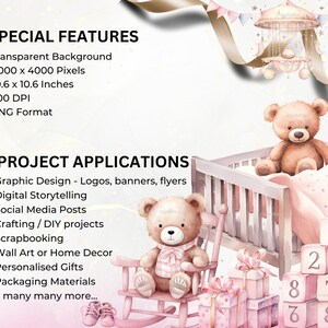 Peut inclure: Une illustration num&eacute;rique d'une sc&egrave;ne de cr&egrave;che avec deux ours en peluche, un berceau, un mobile et des blocs avec des chiffres. L'arri&egrave;re-plan est rose p&acirc;le et blanc avec des paillettes dor&eacute;es. L'image mesure 4000 x 4000 pixels et 10,6 x 10,6 pouces.