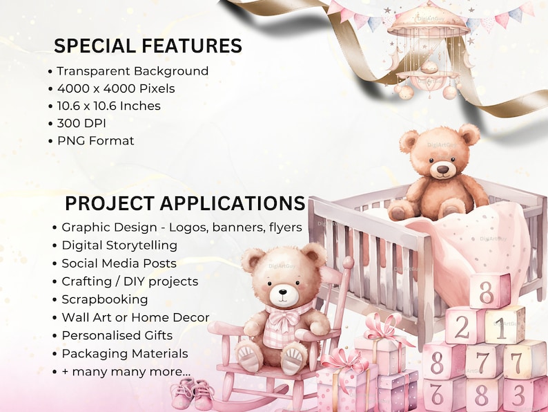 Peut inclure: Une illustration num&eacute;rique d'une sc&egrave;ne de cr&egrave;che avec deux ours en peluche, un berceau, un mobile et des blocs avec des chiffres. L'arri&egrave;re-plan est rose p&acirc;le et blanc avec des paillettes dor&eacute;es. L'image mesure 4000 x 4000 pixels et 10,6 x 10,6 pouces.