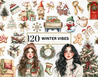 May include: A set of 120 watercolor winter themed clipart images. The images include a gingerbread house, a snowman, a Christmas tree, a truck with presents, a gnome, a wreath, a stocking, a mug of hot chocolate, a candy cane, a star, a book stack, a gift box, a scarf, a snowflake, a girl with long hair, and a winter scene.