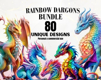 Rainbow Dragons Clipart Bundle - 80 Rainbow Dragon PNGs, Dragon Clipart, Fantasy Clipart, Magical Creatures, Watercolor, Digital Download