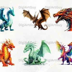 May include: Six different colorful dragons with wings, each with a unique design and pose. The dragons are depicted in a vibrant, stylized art style.
