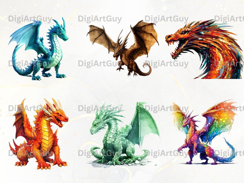 May include: Six different colorful dragons with wings, each with a unique design and pose. The dragons are depicted in a vibrant, stylized art style.