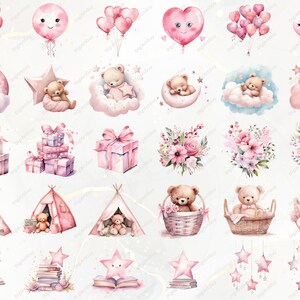 Peut inclure: Un ensemble de 24 illustrations &agrave; l'aquarelle repr&eacute;sentant des ours en peluche roses et bruns, des &eacute;toiles, des nuages, des ballons, des cadeaux, des fleurs et des tentes. Les illustrations sont parfaites pour le scrapbooking, la fabrication de cartes et autres projets d'artisanat.
