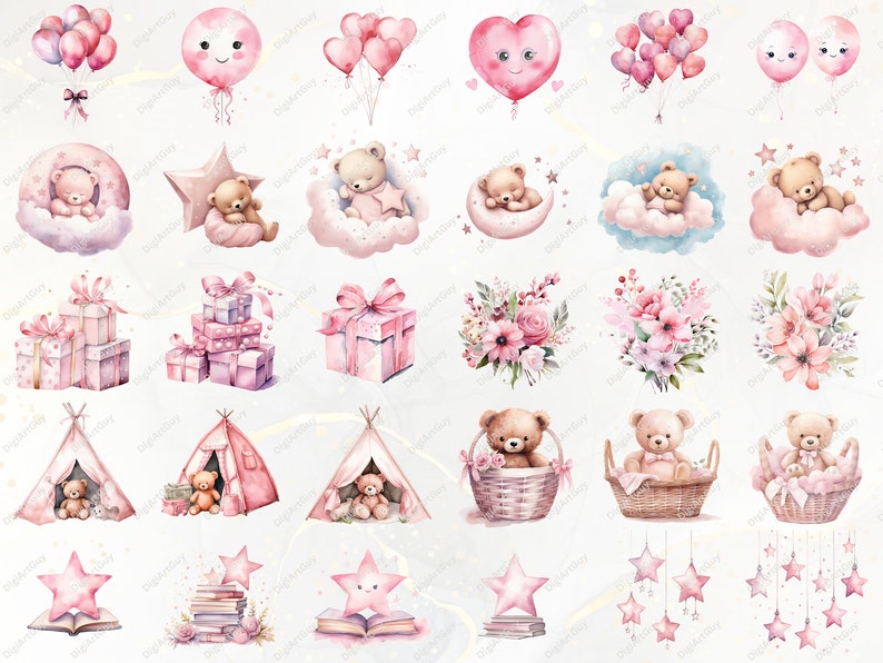 Peut inclure: Un ensemble de 24 illustrations &agrave; l'aquarelle repr&eacute;sentant des ours en peluche roses et bruns, des &eacute;toiles, des nuages, des ballons, des cadeaux, des fleurs et des tentes. Les illustrations sont parfaites pour le scrapbooking, la fabrication de cartes et autres projets d'artisanat.