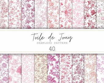 Pink Toile de Jouy Seamless Patterns Floral Junk Journal Paper French Toile Floral Pattern Vintage Floral Digital Paper Chinoiserie Pattern