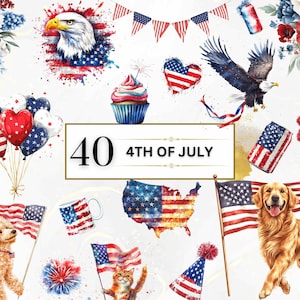 Clipart acquerello del 4 luglio, Giorno patriottico, PNG, Bandiera americana, Giorno dell'indipendenza, PNG, Clipart del giorno dell'America, USA, PNG, Adesivi stampabili digitali