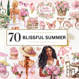 Verano Clipart PNG Acuarela Verano PNG Vacaciones Clipart Rosa Verano Flor Clipart Chicas Png Cottagecore Clipart Viaje PNG Uso Comercial