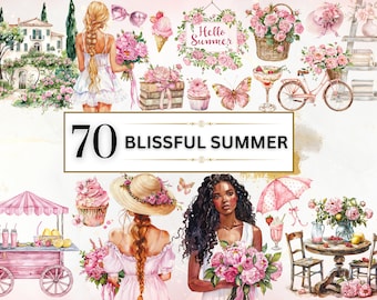 Puede incluir: Una colección de 70 ilustraciones de acuarela con temas de verano. Las ilustraciones incluyen flores, una bicicleta, una mujer con un vestido, una magdalena, un puesto de limonada, un sombrero, una mariposa y un cartel que dice "Hello Summer".