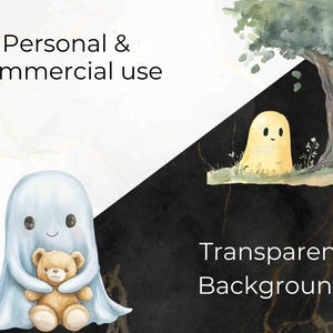 The image showcases a gentle blue ghost hugging a teddy bear and a small yellow ghost peeking from behind a tree, emphasizing the collection’s versatility for personal and commercial projects.