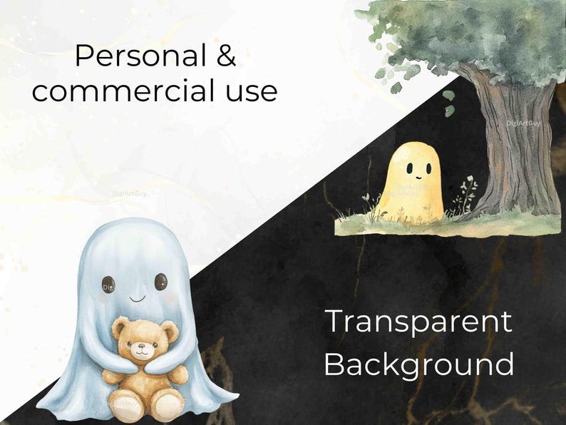 The image showcases a gentle blue ghost hugging a teddy bear and a small yellow ghost peeking from behind a tree, emphasizing the collection’s versatility for personal and commercial projects.